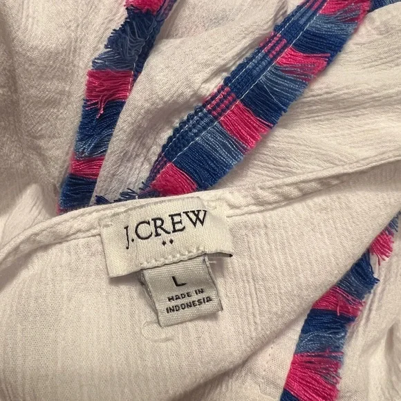 J. Crew White Tunic Gauze Beach Cover Up with Pink and Blue Fringe Trim - Picture 9 of 11